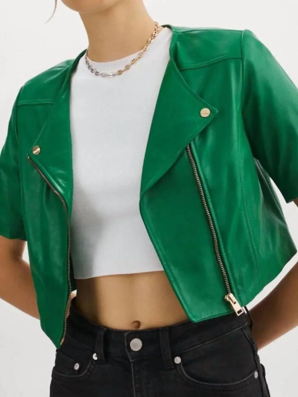NWT Womens Lamarque Kirsi Green (Item- 309) Lamb Leather Zip Crop Moto Jacket XS